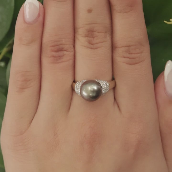 Tahitian Pearl Diamond Cocktail Ring 14K Gold Size 8.5 Ladies Estate