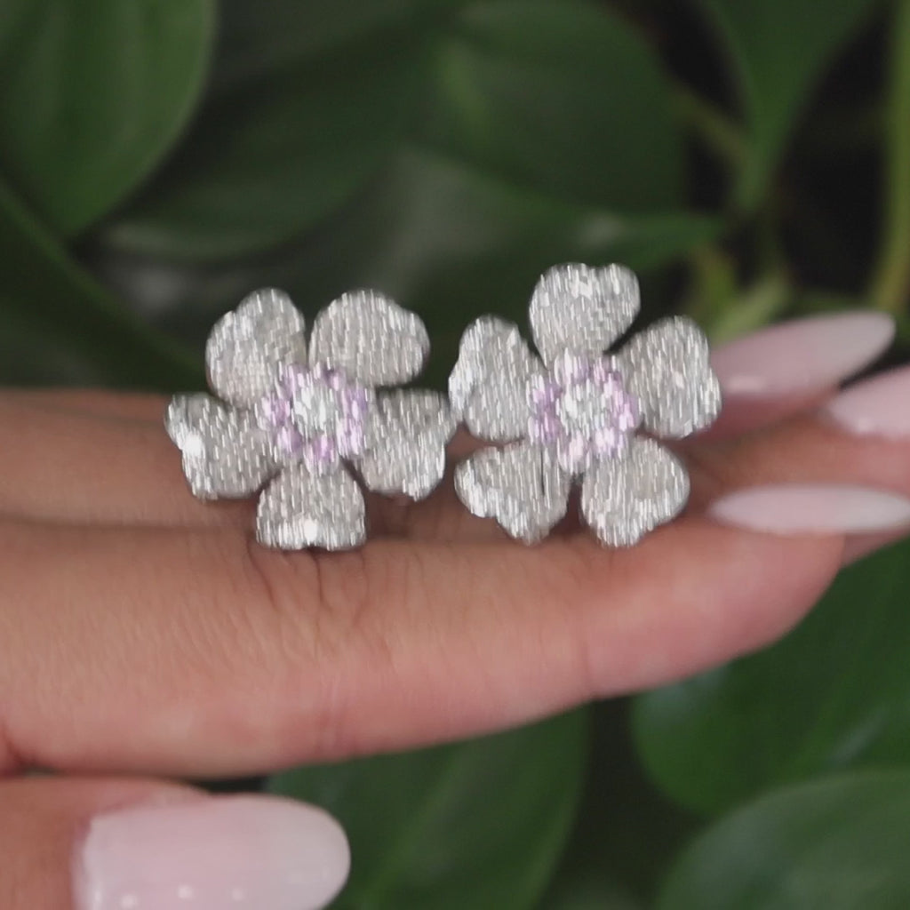 Judith Ripka Pink Sapphire Diamond Flower Clip On Earrings 18K Gold 2.25TW 0.80"