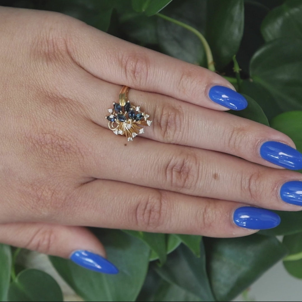 Blue Sapphire Diamond Floral Cocktail Ring 14K Yellow Gold 0.64 CTW Size 6.5