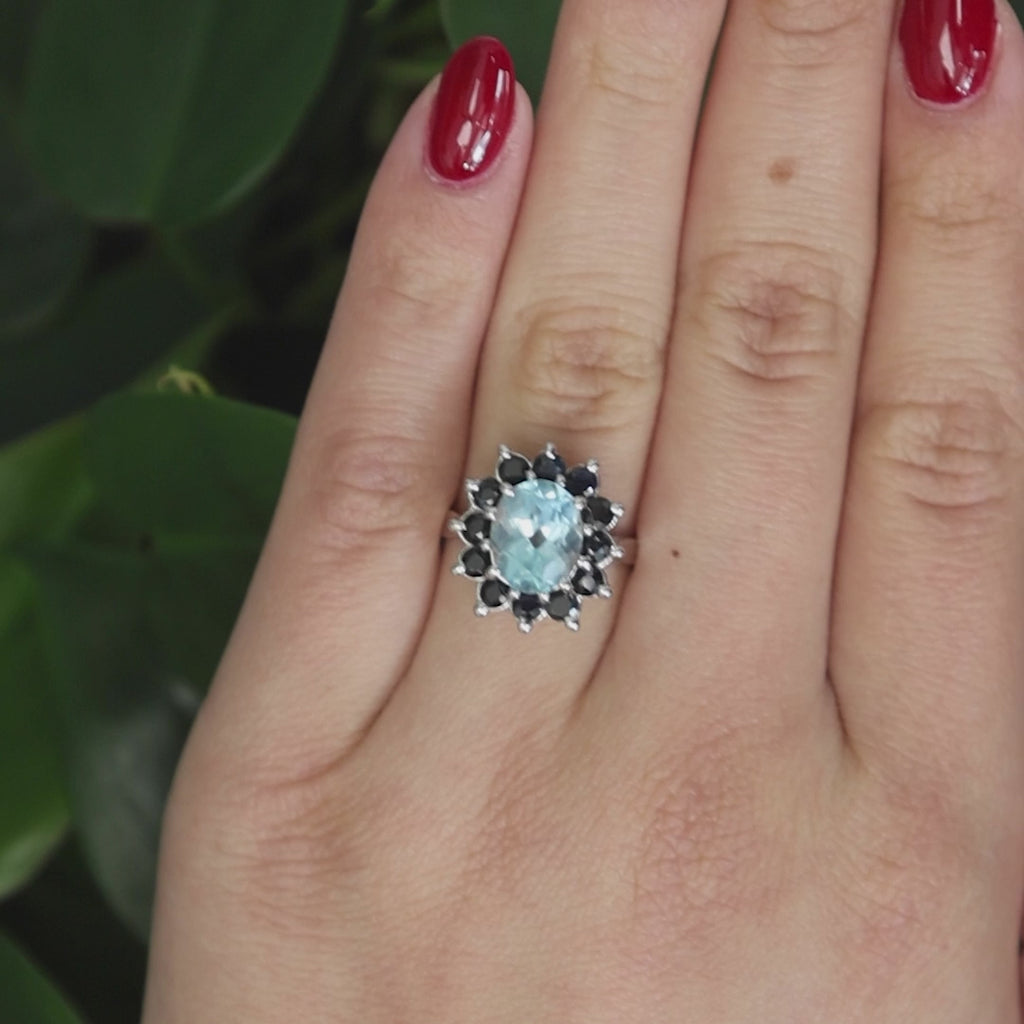 Blue Topaz Sapphire Accent Halo Ring 5.19 CTW White Gold Size 6.75