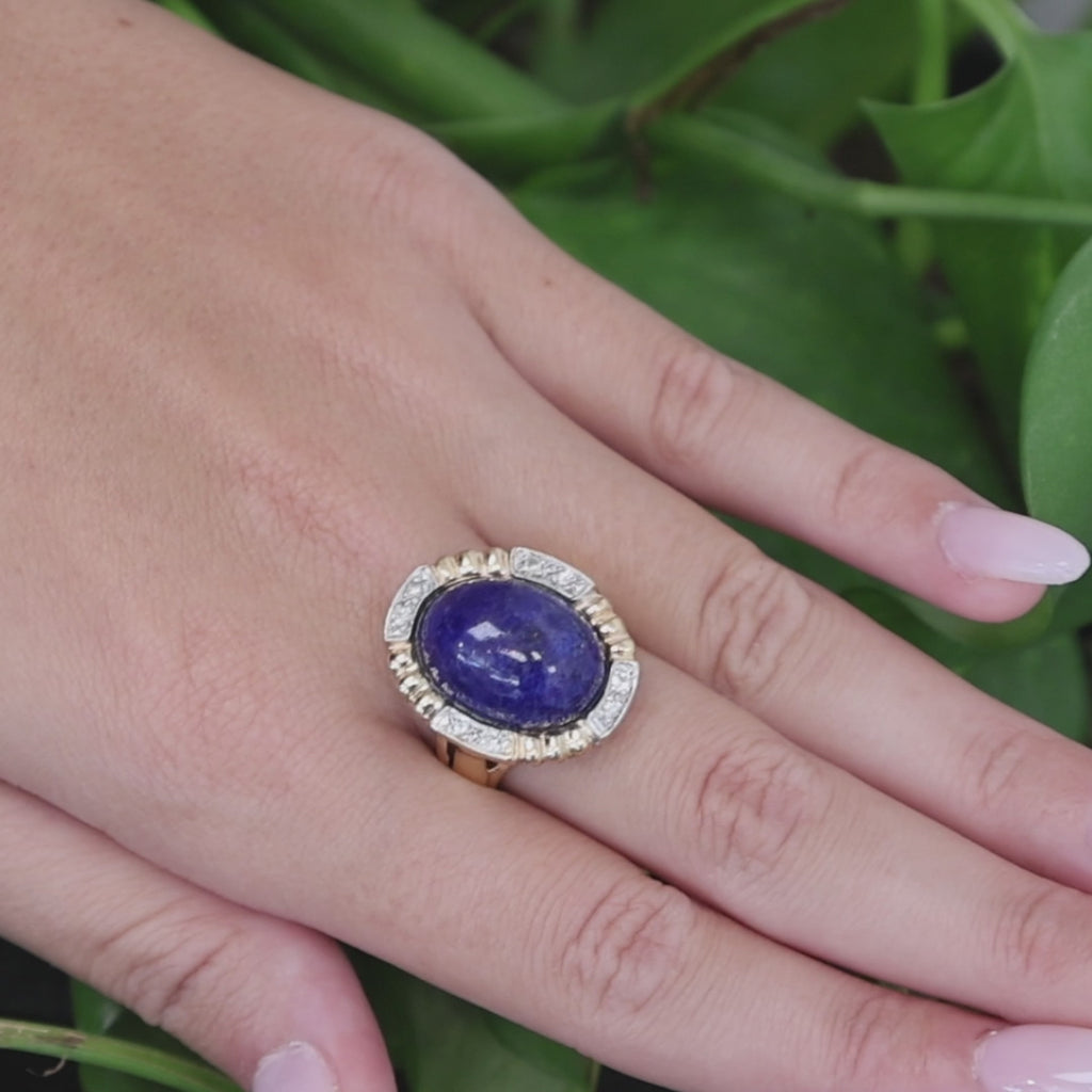 Two Tone Gold Lapis Lazuli Diamond Cocktail Ring Oval Cabochon Size 5.5