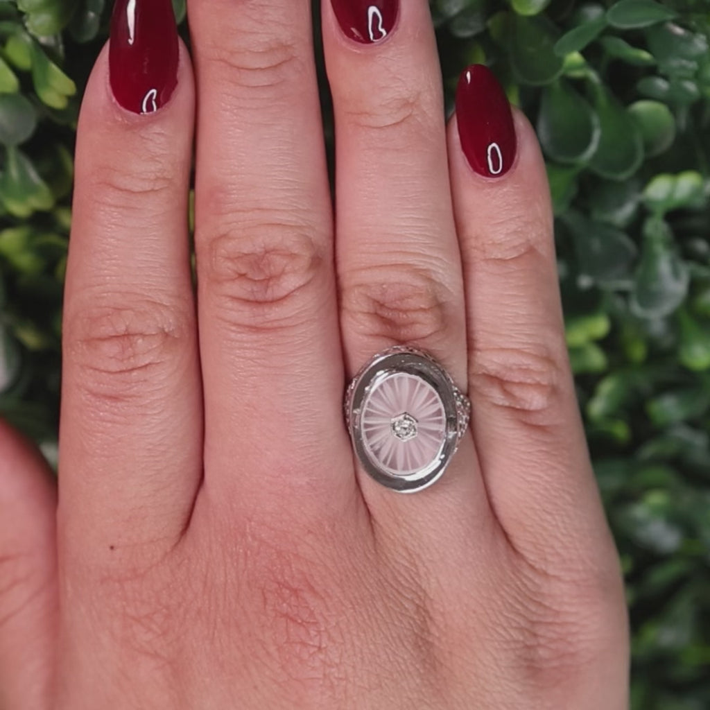 Art Deco Camphor Glass Filigree Diamond Ring 14K White Gold Size 7 Estate