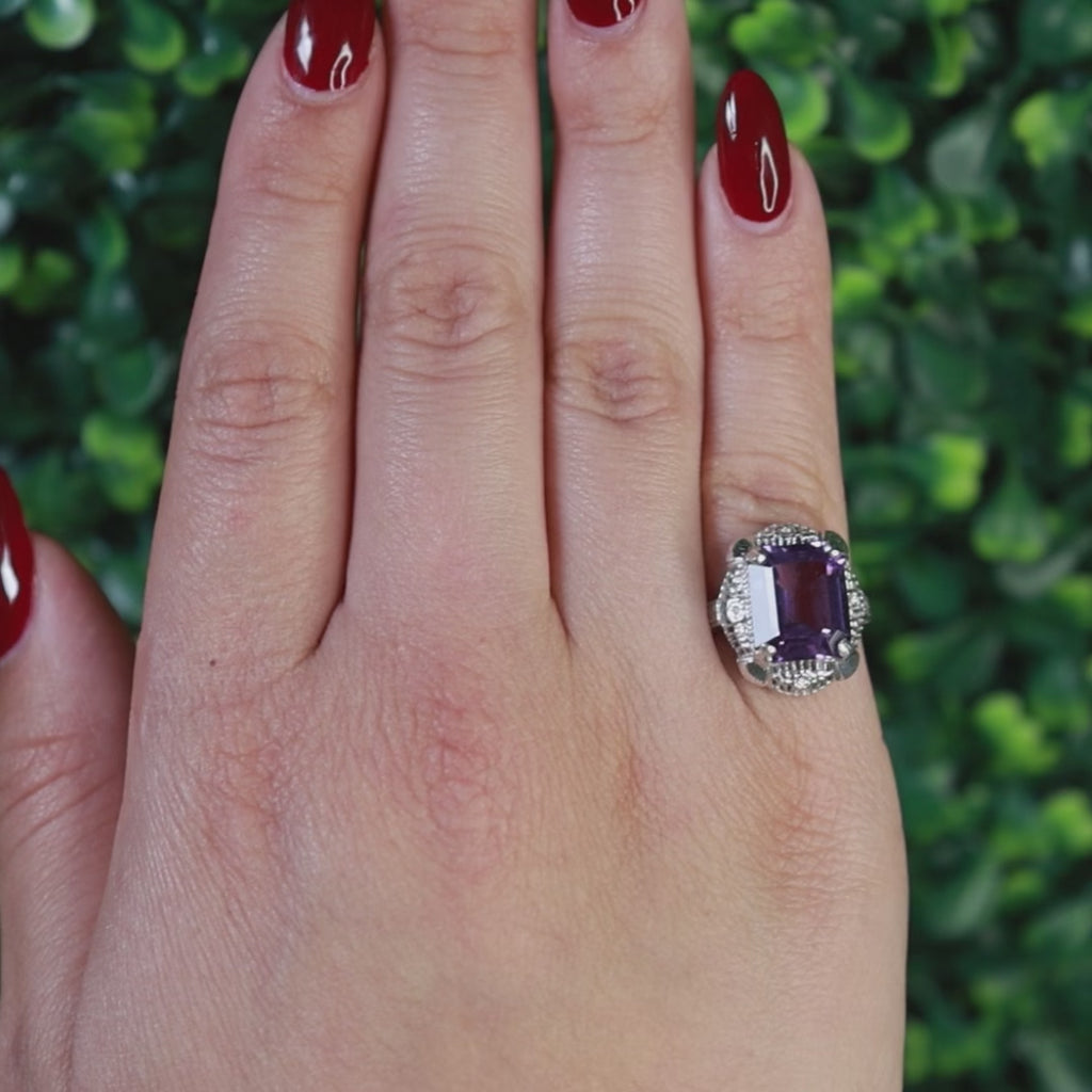 Solitaire Emerald Cut Amethyst Filigree Ring 14K White Gold 5.90 CT Size 6
