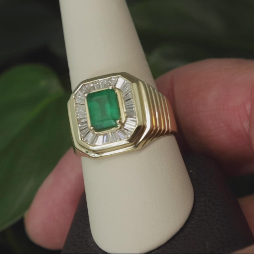 Emerald Diamond Statement Ring 14K Yellow Gold 2.40 CTW Size 10 Unisex Estate