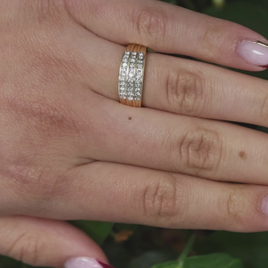 3-Row Diamond Band Ring 14K Gold 0.50 TW Round Diamonds Size 7.25 Estate