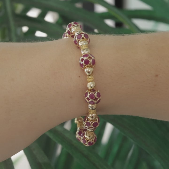 Ruby Ball Bead Bracelet 18K Yellow Gold 18.20 CTW 7.25" Ladies Estate