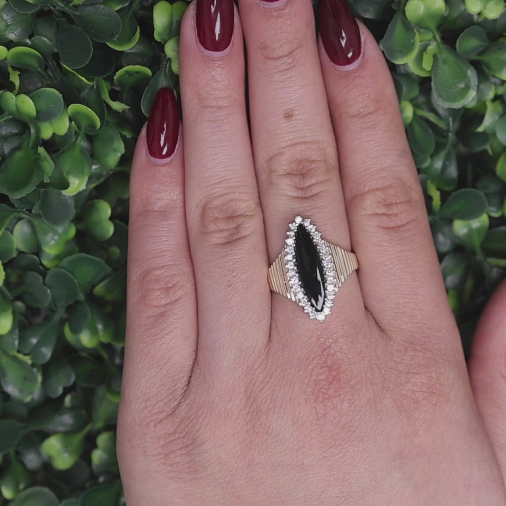 Marquise Cut Black Onyx Halo Diamond Statement Ring 14K Gold Size 9.5 Estate
