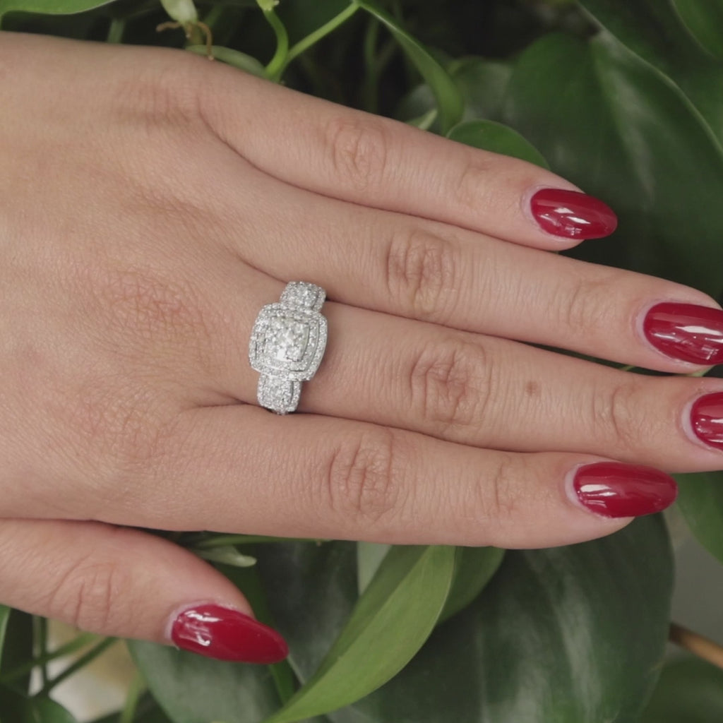 1.50 TW Cluster Diamond Square Halo Ring 10K White Gold Size 9 Ladies Estate