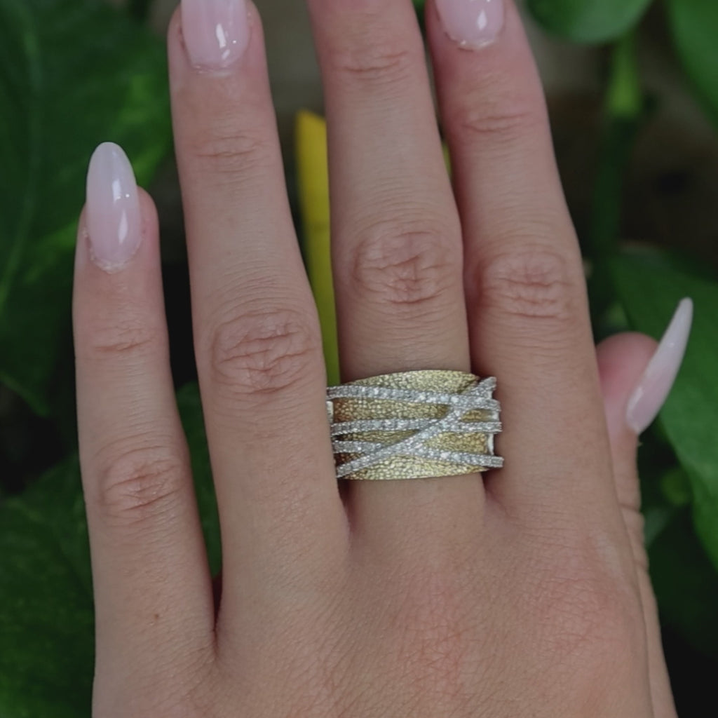 14K Two-Tone Gold 0.60CTW Diamond Criss Cross Wide Band Ring EFFY Size 7.5