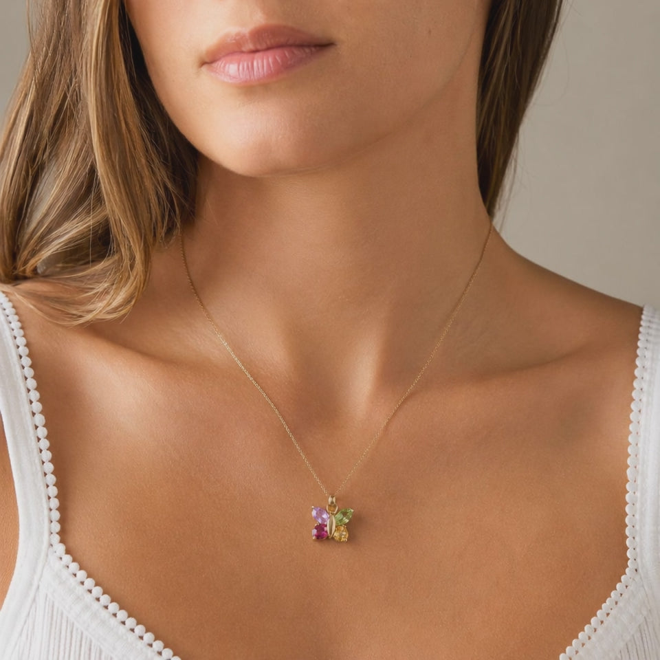 14K Gold Butterfly Pendant Chain Necklace Peridot Amethyst Garnet Citrine 18.25"