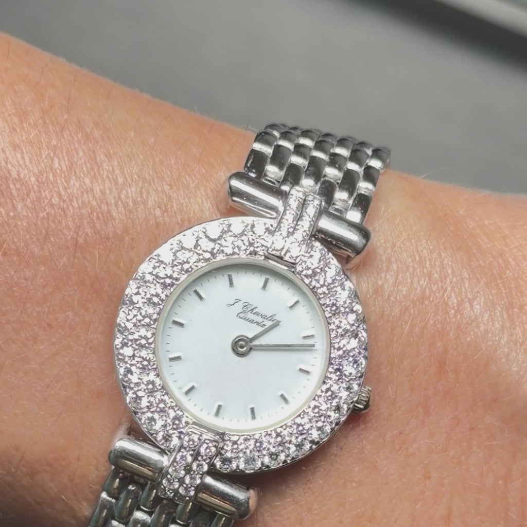J. Chevalier 18K White Gold Diamond Bezel Ladies Quartz Watch 1.75 CTW 7.25"