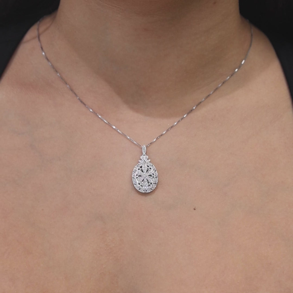 Oval Diamond Filigree Locket Pendant 14K White Gold 0.50 TW 1.15" Ladies Estate