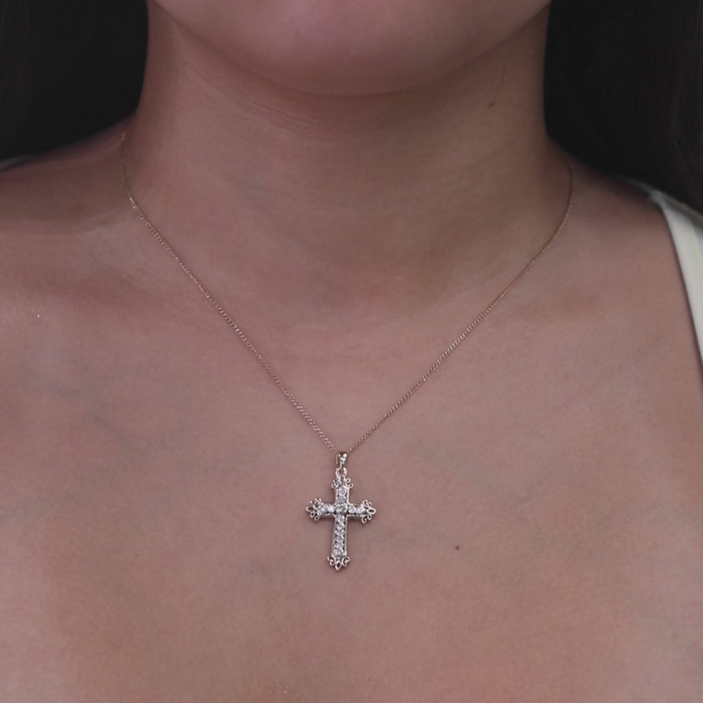 Religious Filigree Cross Pendant 0.25 TW Diamond Accents 14K Yellow Gold 1.25"