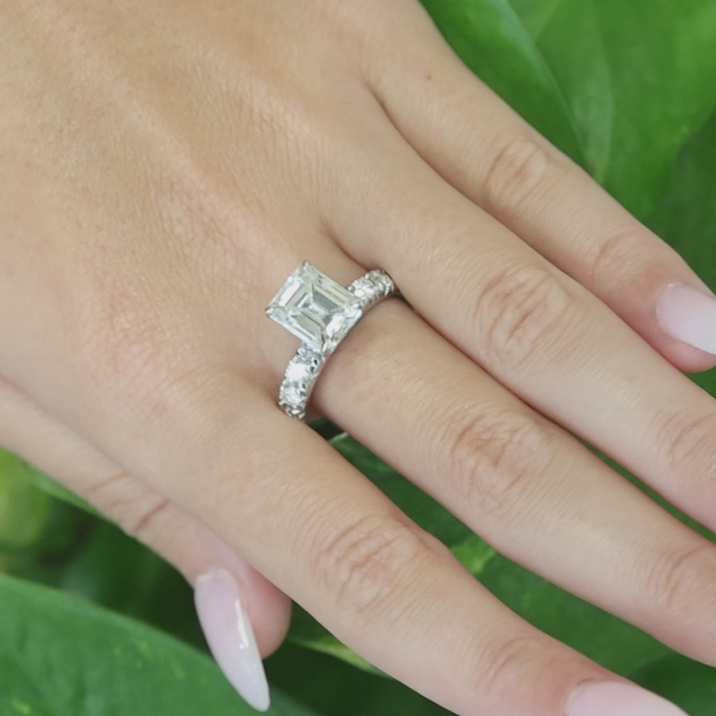 GIA 3.01CT H VS1 Emerald Cut Diamond Ring 14/18K White Gold 4.01CTW Size 10