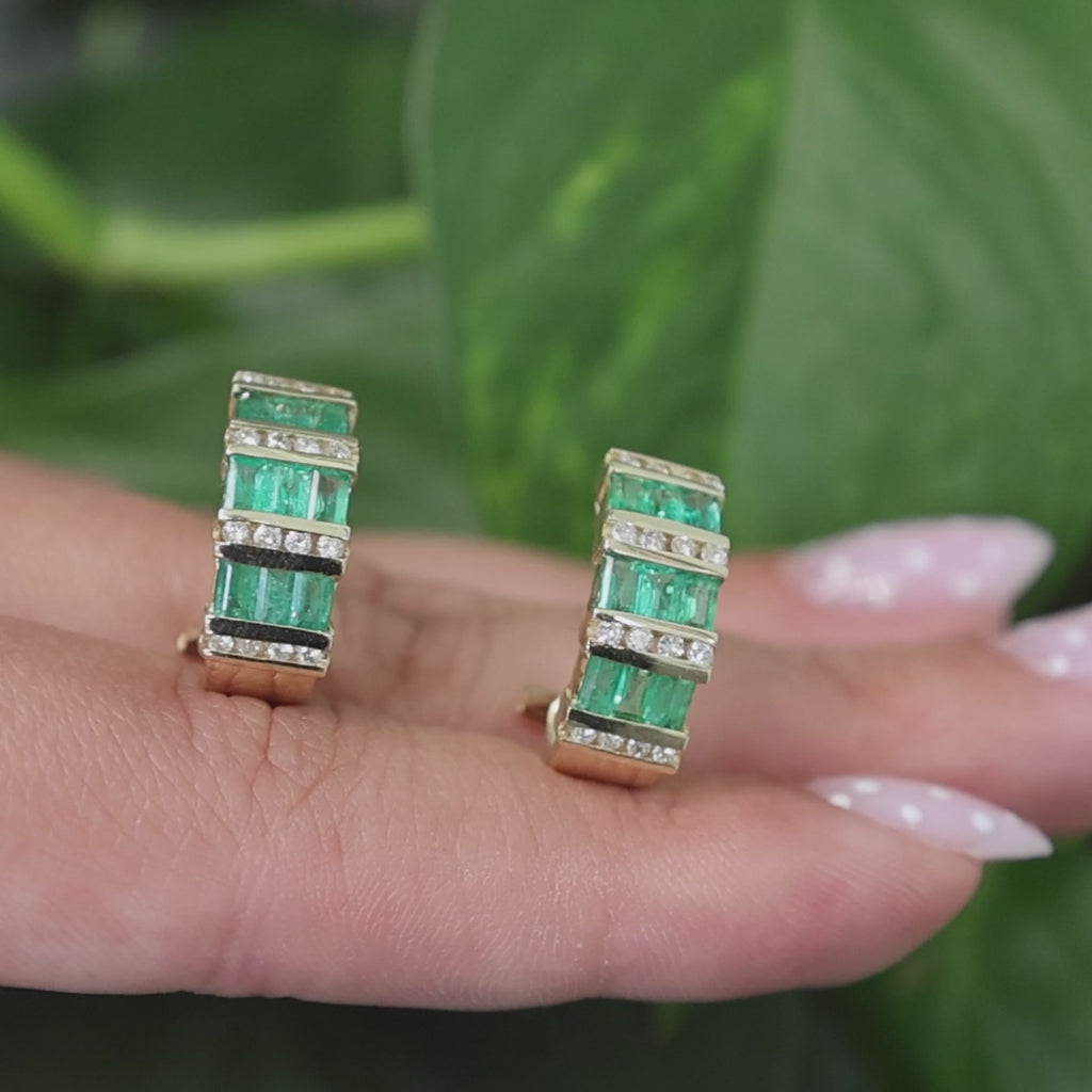 Emerald Diamond J Hoop Earrings 14K Yellow Gold 1.32 CTW Omega Backs 0.50"