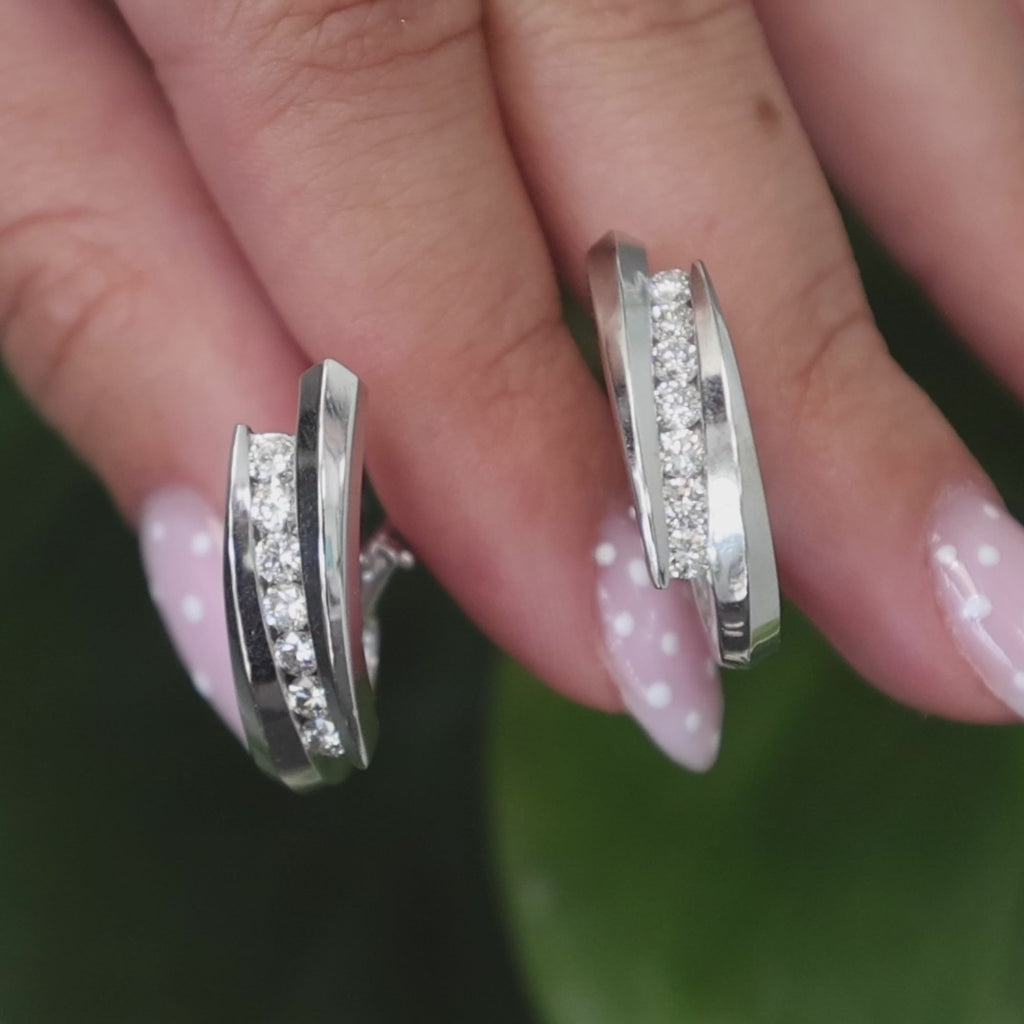 Diamond J Hoop Earrings 14K White Gold 1.35 TW Channel Set Omega Backs 0.85"