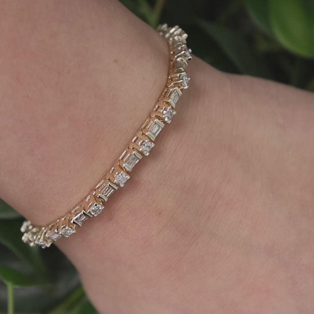 3.00 TW Round And Baguette Diamond Tennis Bracelet 14K Yellow Gold 7" Ladies