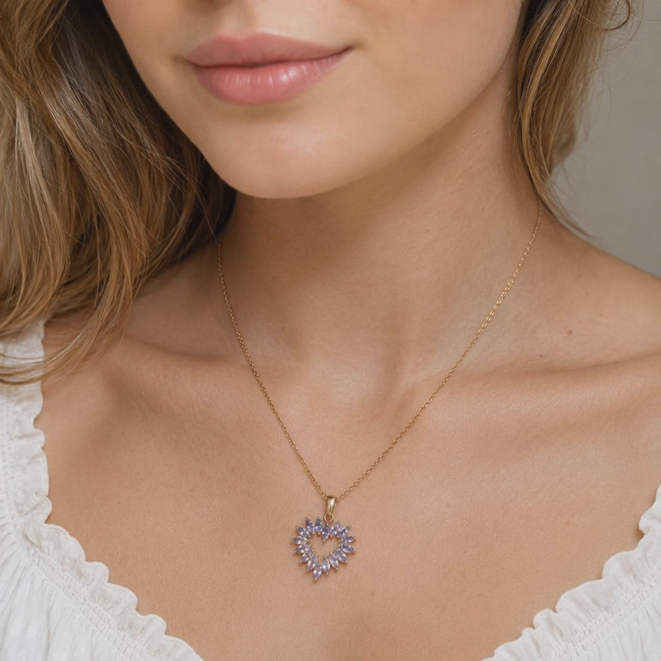 14K Gold Tanzanite Heart Pendant Necklace 18.25" Marquise Gems Estate Jewelry