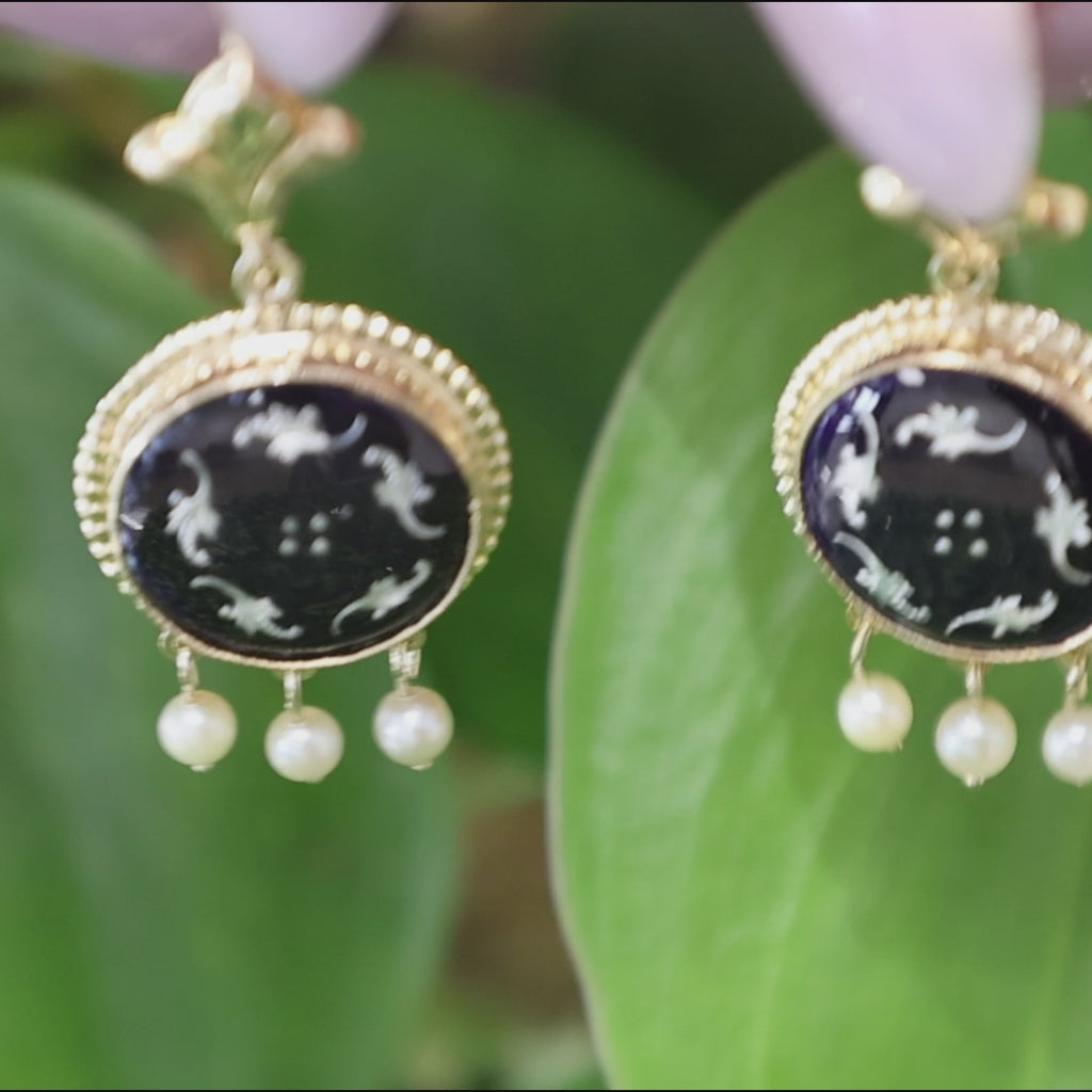 Vintage Black Enamel Akoya Pearl Drop Dangle Earrings Yellow Gold 1.57" Estate
