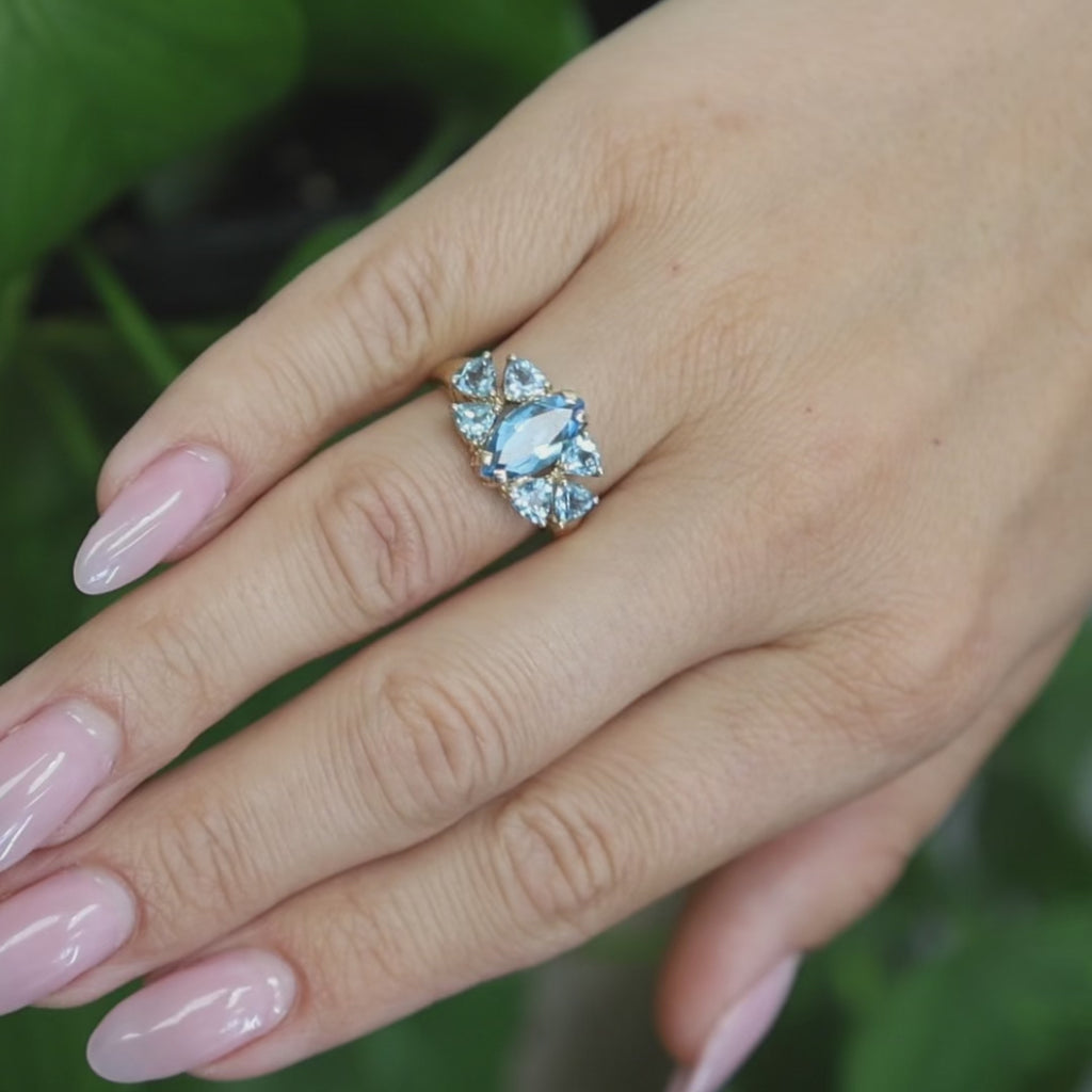 14K Yellow Gold 3.83CTW Blue Topaz Marquise & Trillion Cut Cocktail Ring Sz 6.5