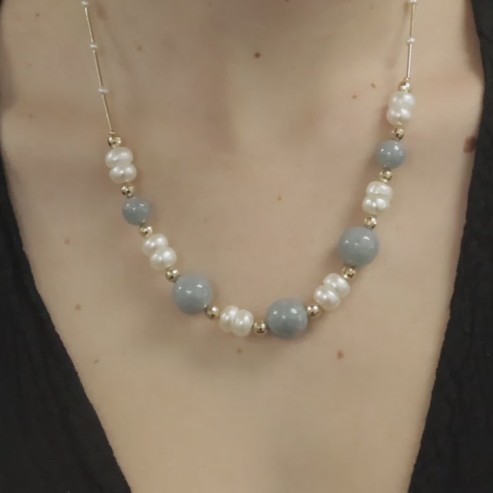Freshwater Pearl Jade Beaded Ball Necklace 14K Yellow Gold Ladies 18.25" Vintage
