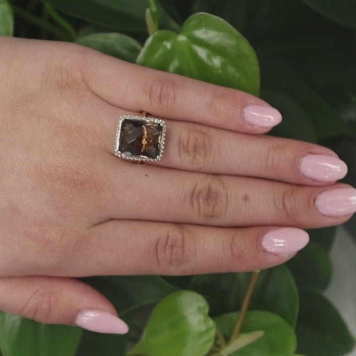 EFFY Smoky Quartz Halo Diamond Cocktail Ring 8.40 CTW 14K Yellow Gold Size 6.75