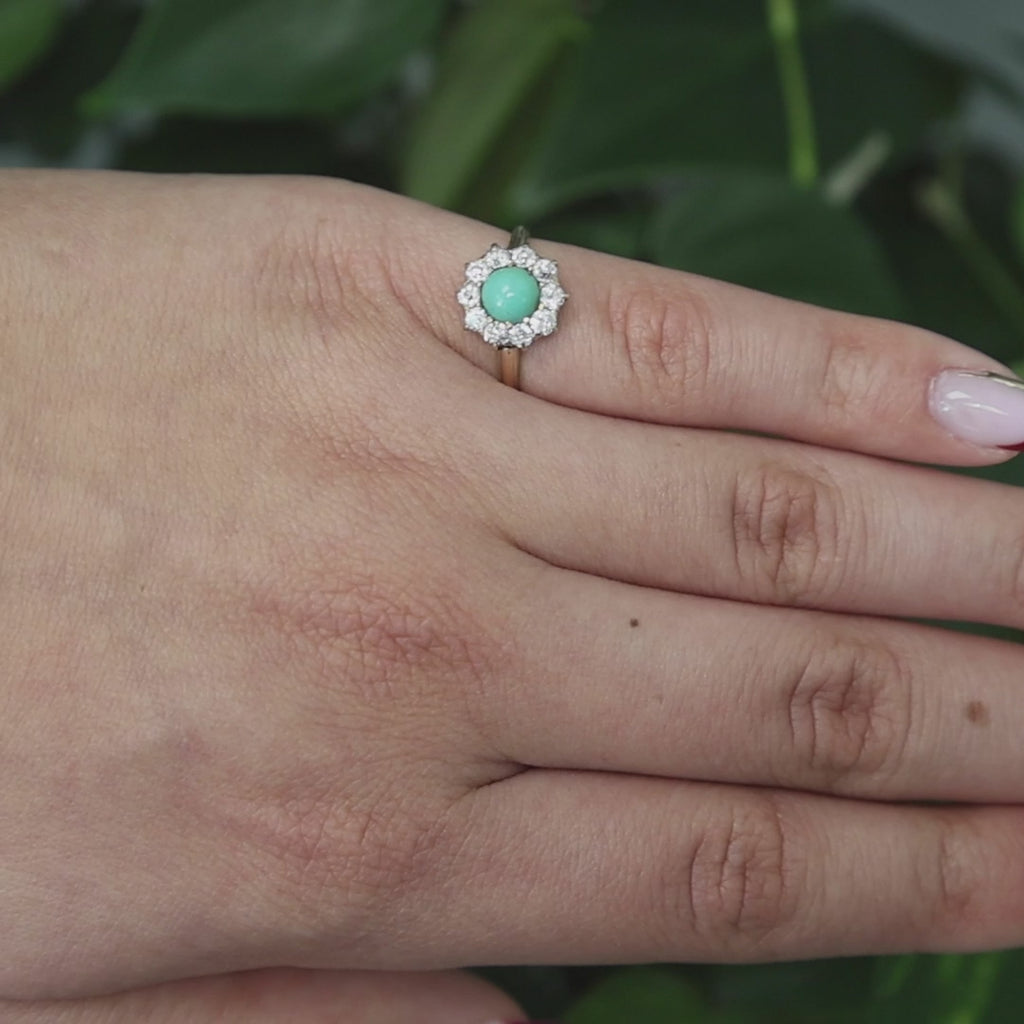 Turquoise Halo Diamond Cocktail Ring 14K Yellow Gold Size 5.25 Ladies Estate