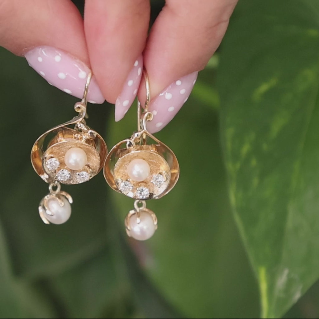 Cultured Pearl Diamond Drop Dangle Earrings 14K Yellow Gold 0.50 TW 1.50" Ladies
