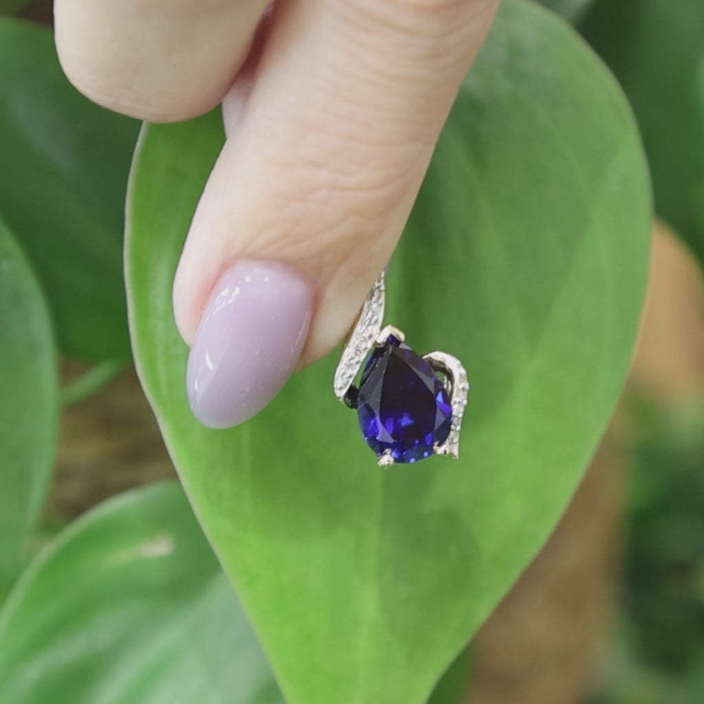 Blue Sapphire Diamond Pendant 14K Two-Tone Gold Lab Created Pear Shape 0.75"