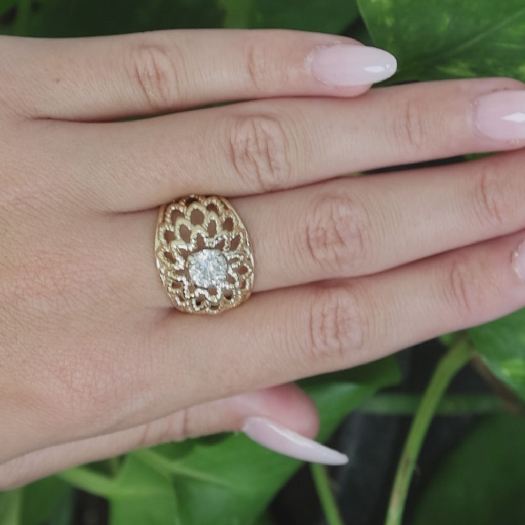 Two-Tone Gold 0.80CT Solitaire Round Diamond Filigree Cocktail Ring Size 5.75