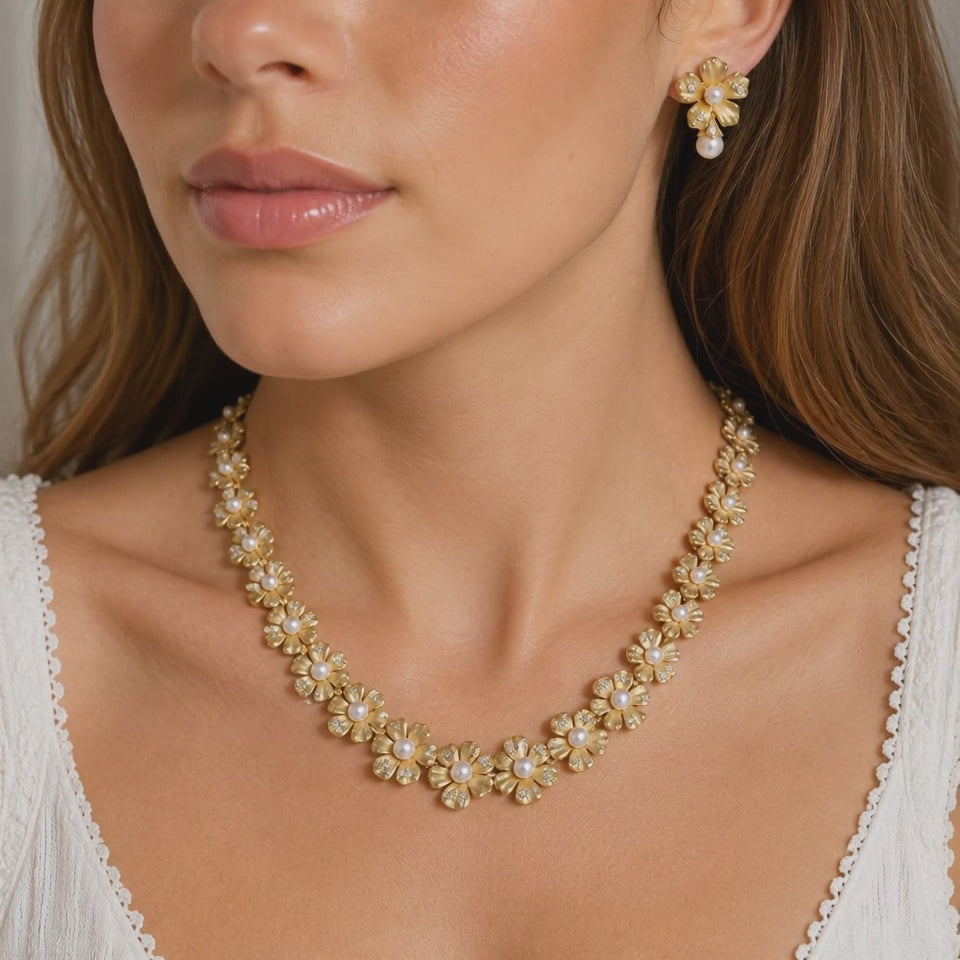 Mikimoto Pearl Diamond Floral Necklace Earrings Set 18K Yellow Gold 1.70 CTW