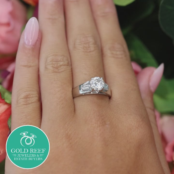 1.12 TW Round Diamond Engagement Ring Baguette Accents 14K White Gold Size 7.25