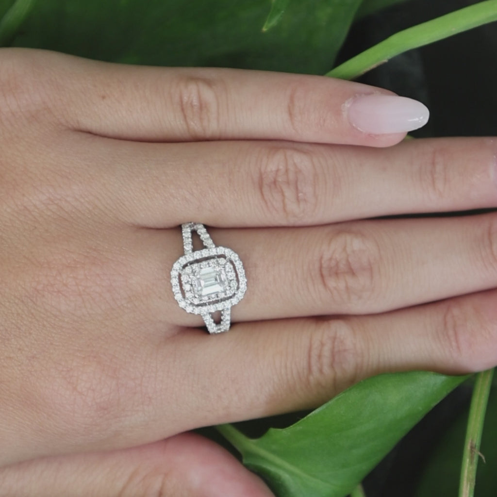 Platinum 1.40 CTW Natural Diamond Emerald Cut Double Halo Engagement Ring Size 7