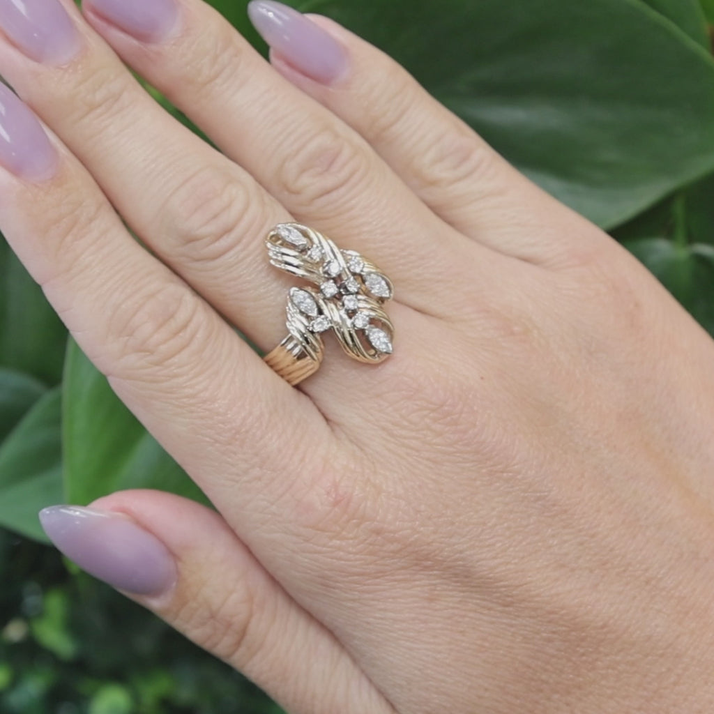 14K Two Tone Gold Natural Diamond Marquise Cocktail Statement Ring Swirl Sz 7.5