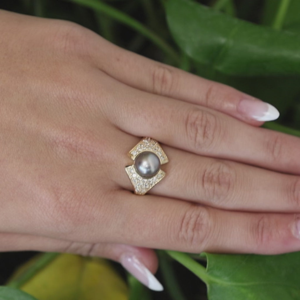 14K Yellow Gold South Sea Pearl Diamond Ring 0.70 TW 8mm Pearl Statement Size 7