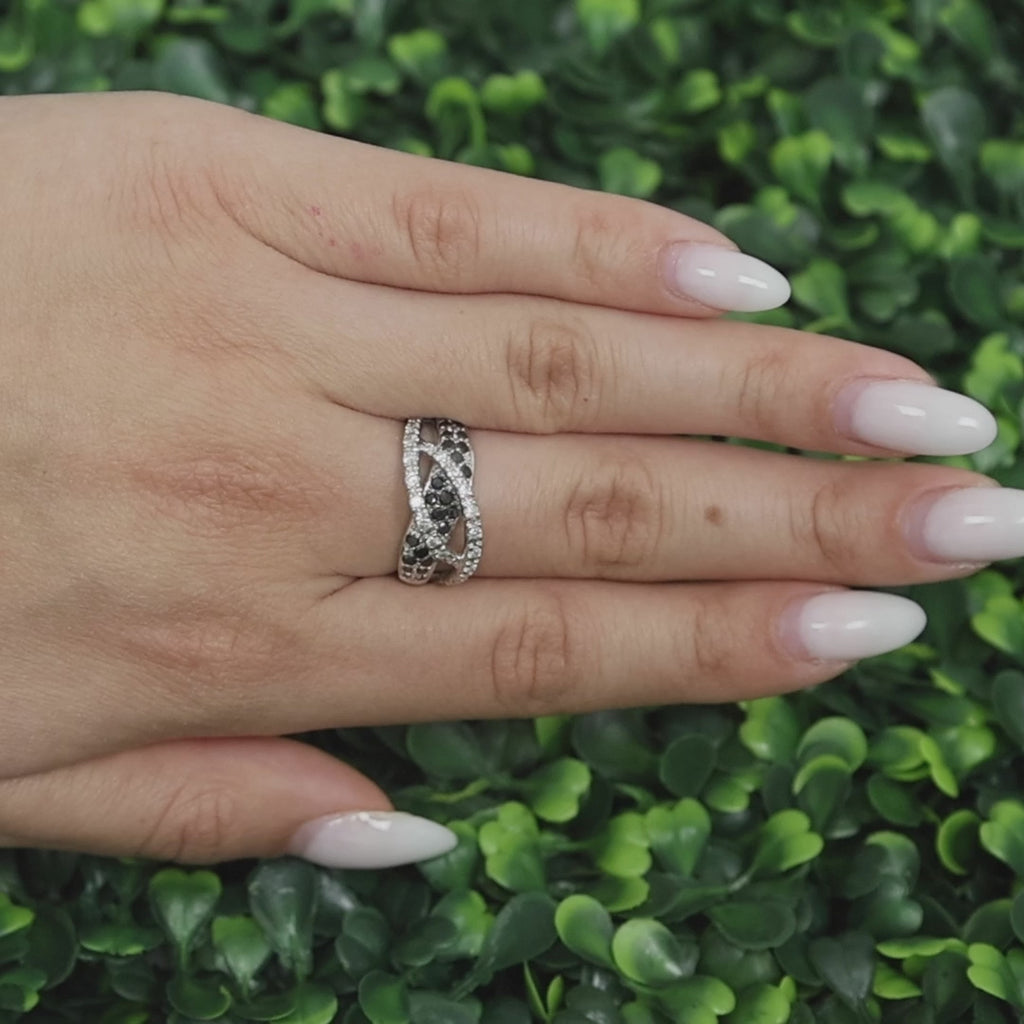 1.00 TW Black White Diamond Crossover Ring 14K White Gold Size 8 Estate