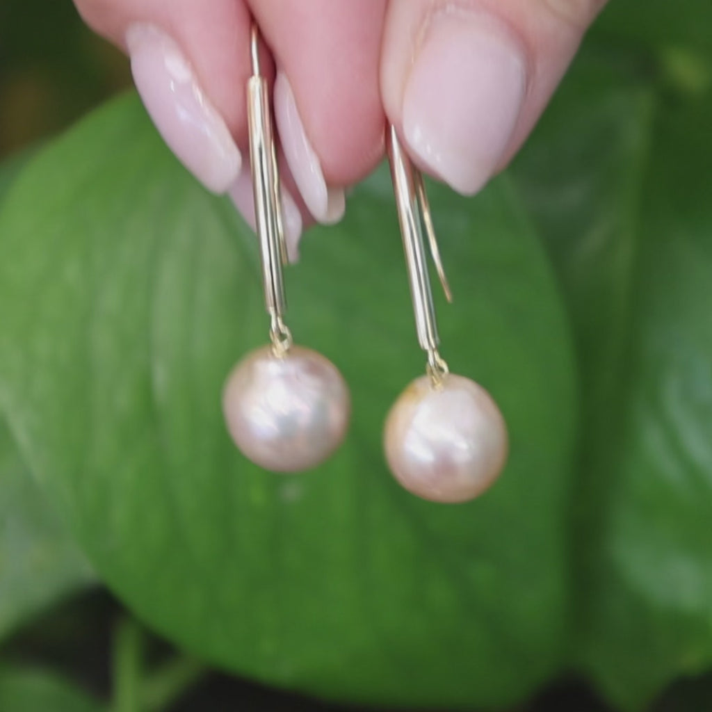 14K Yellow Gold Pink Baroque Cultured Pearl Bar Drop Dangle Earrings