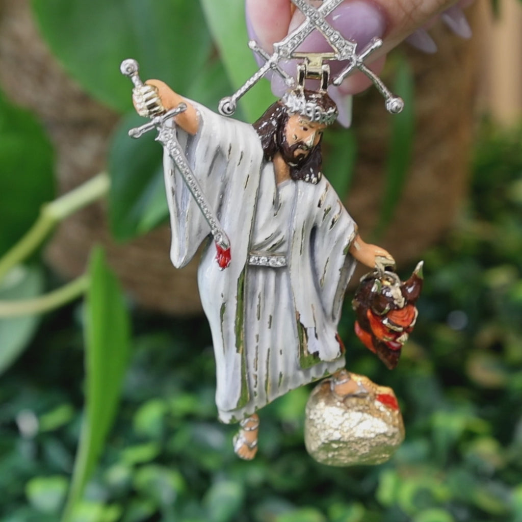 10K Gold Diamond Enamel Jesus Devil No Weapons Formed Religious Pendant 63g