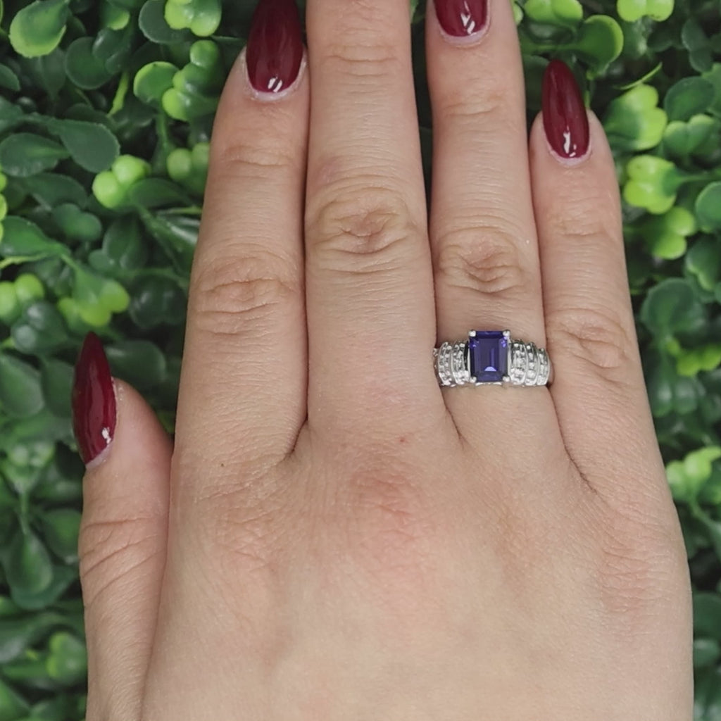 Emerald Cut Blue Sapphire Diamond Ring 10K White Gold 1.77 CTW Lab Grown SZ 6.5
