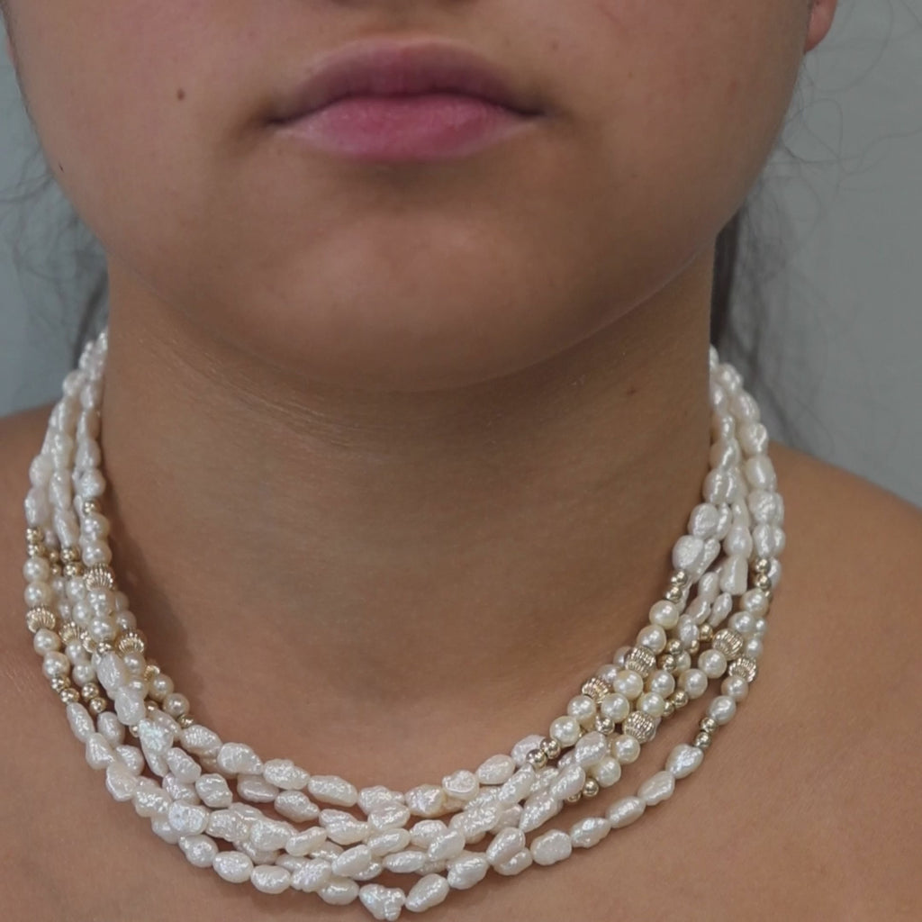 3-Strand Freshwater Pearl Necklace 14K Yellow Gold Beads 34" Vintage Estate