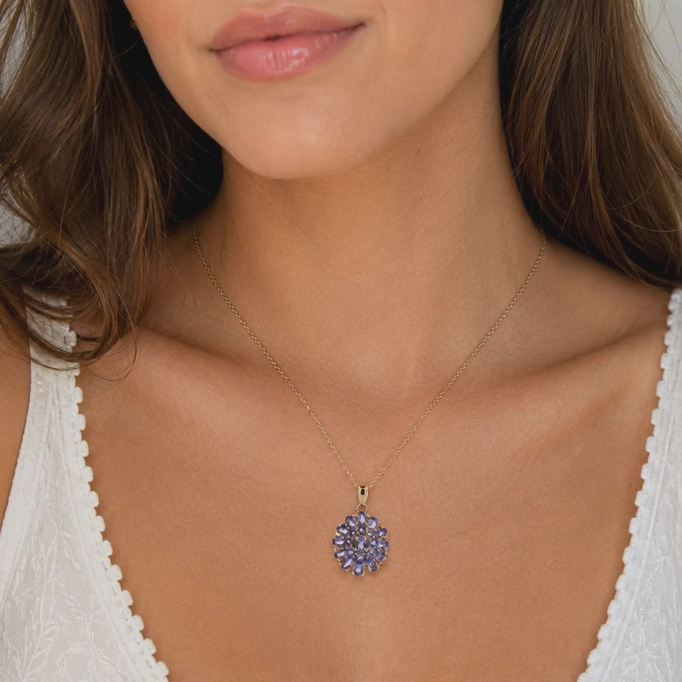 14K Gold 2.35CTW Tanzanite Cluster Pendant Chain Necklace 18" Estate Hong Kong