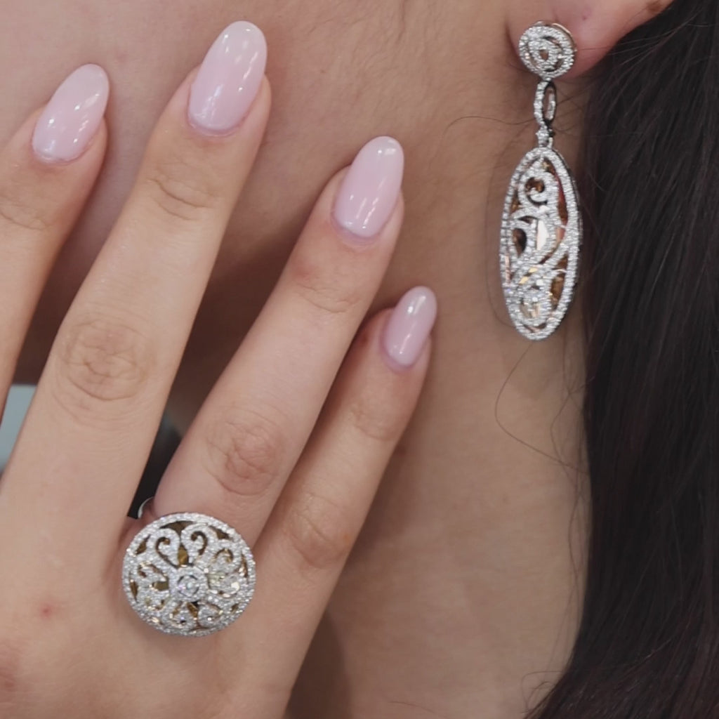 Diamond Filigree Drop Dangle Earrings 18K Layered Gold 1.54 TW 1.65" Ladies