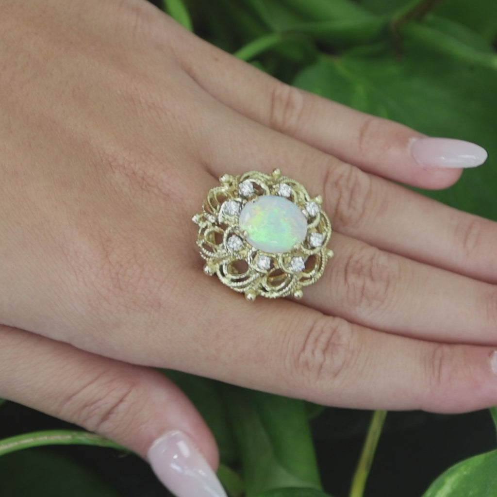 14K Gold White Opal Diamond Ring 3.01CTW Vintage Cocktail Estate Size 6