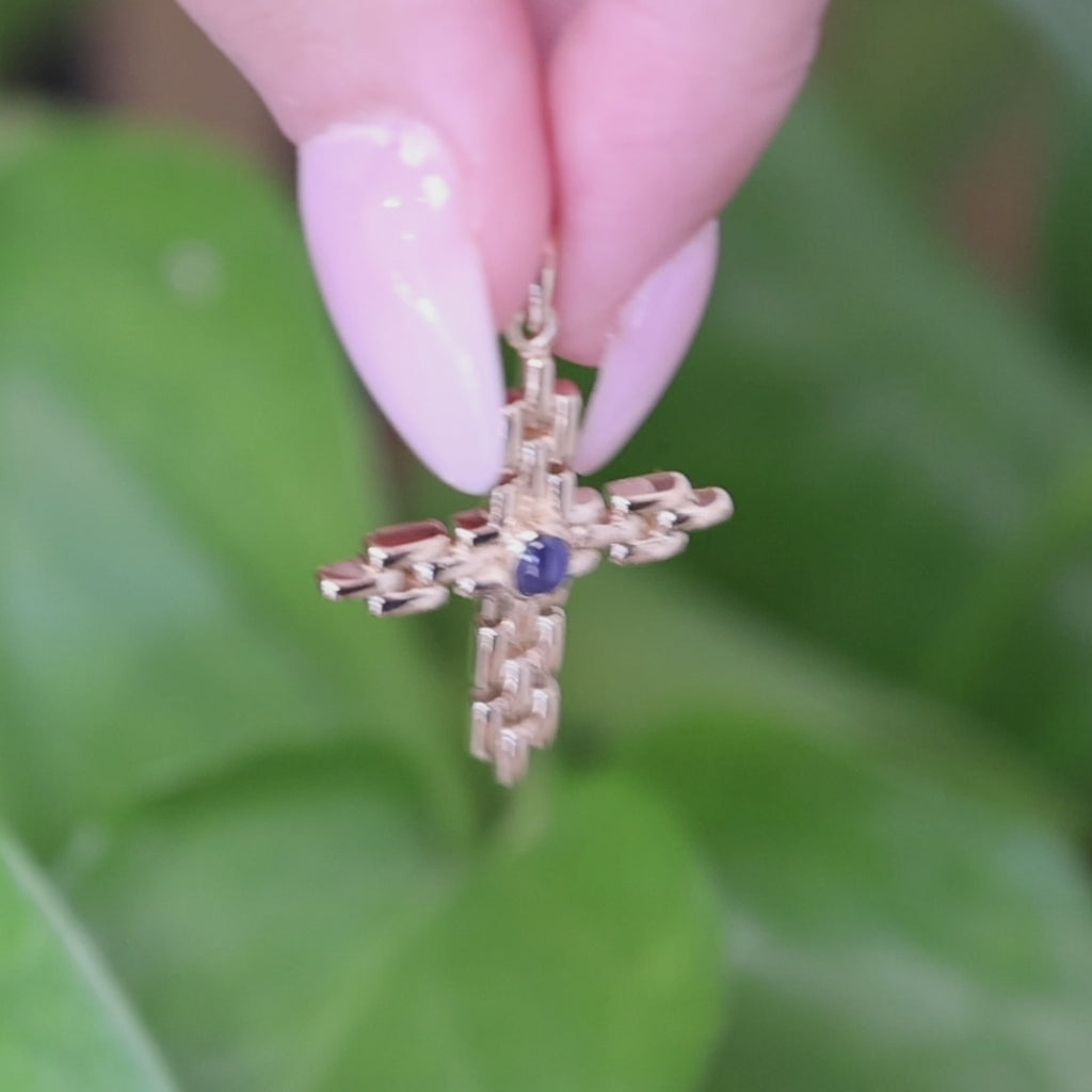 14K Natural Blue Sapphire Cross Pendant 14K Yellow Gold Modernist Unisex Estate