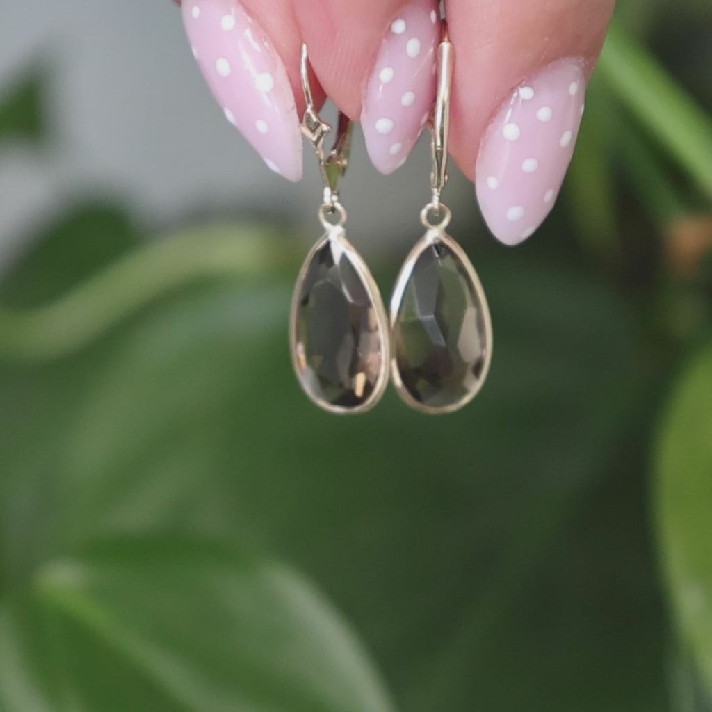 8.30 TW Smoky Quartz Teardrop Dangle Earrings 14K Yellow Gold Lever Backs 1.30"