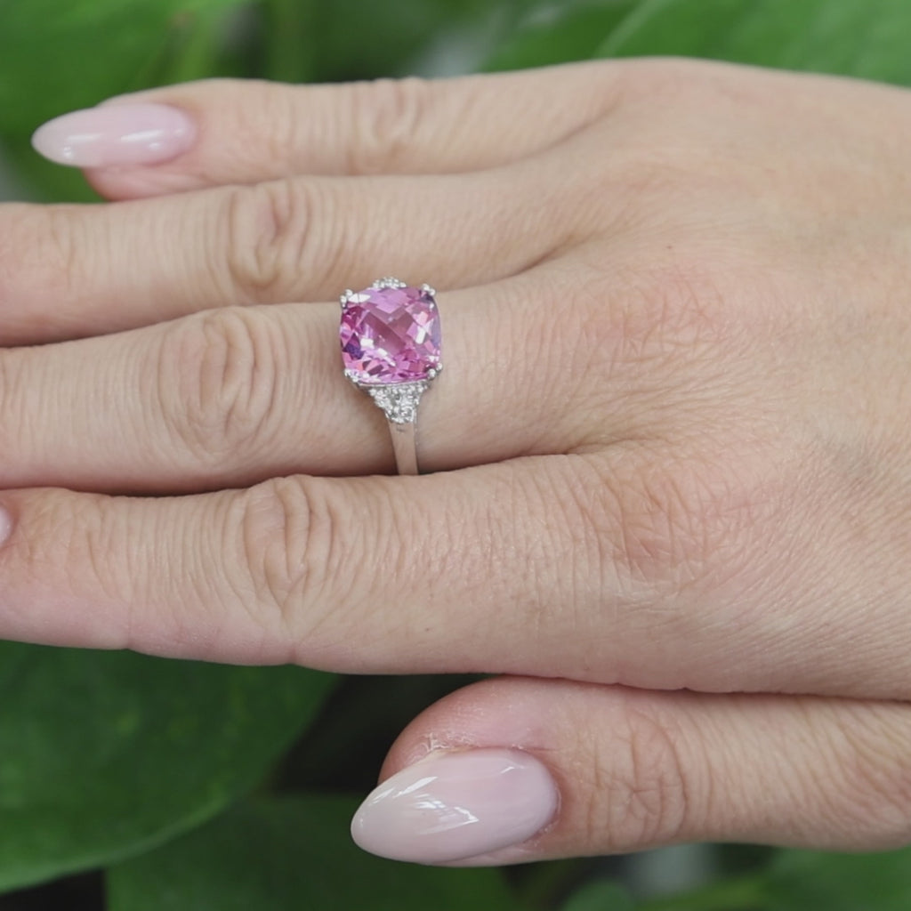 Pink Sapphire Diamond Cocktail Ring 10K White Gold 6.25 CTW Lab Grown Size 7.25