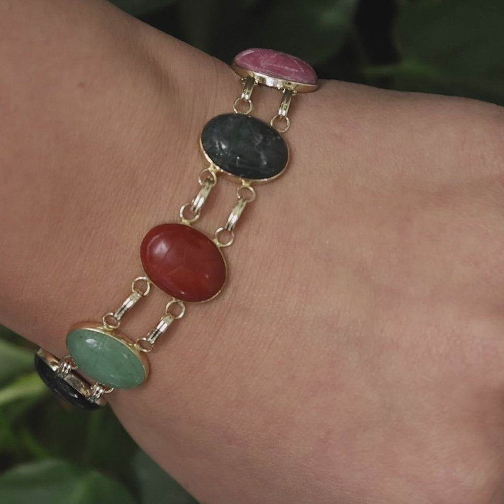 Vintage Scarab Gemstone Bracelet 14K Yellow Gold Oval Scarab Gems 7.75" Ladies