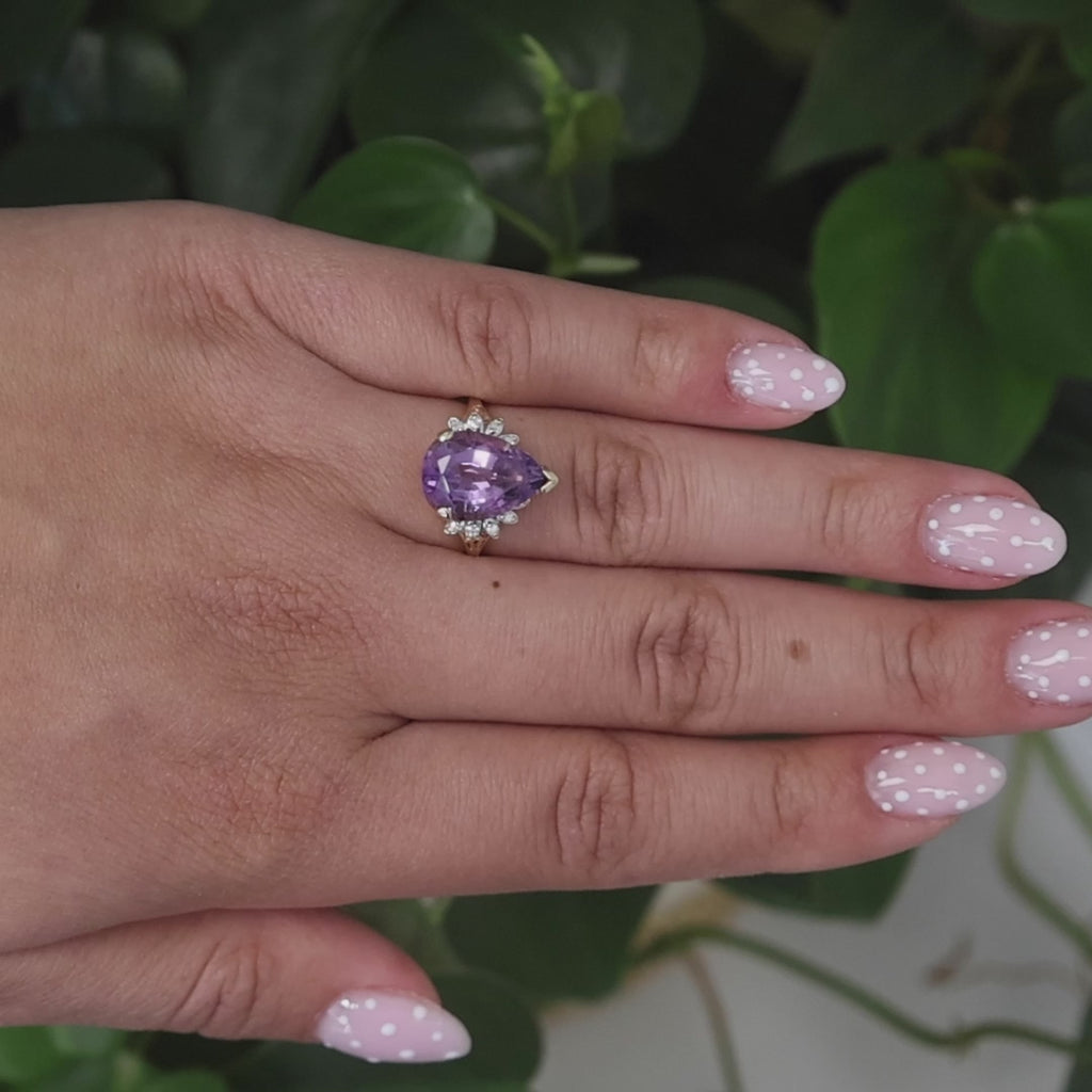 Pear Amethyst Diamond Statement Ring 10K Gold 4.85 CTW Size 7 Ladies Estate