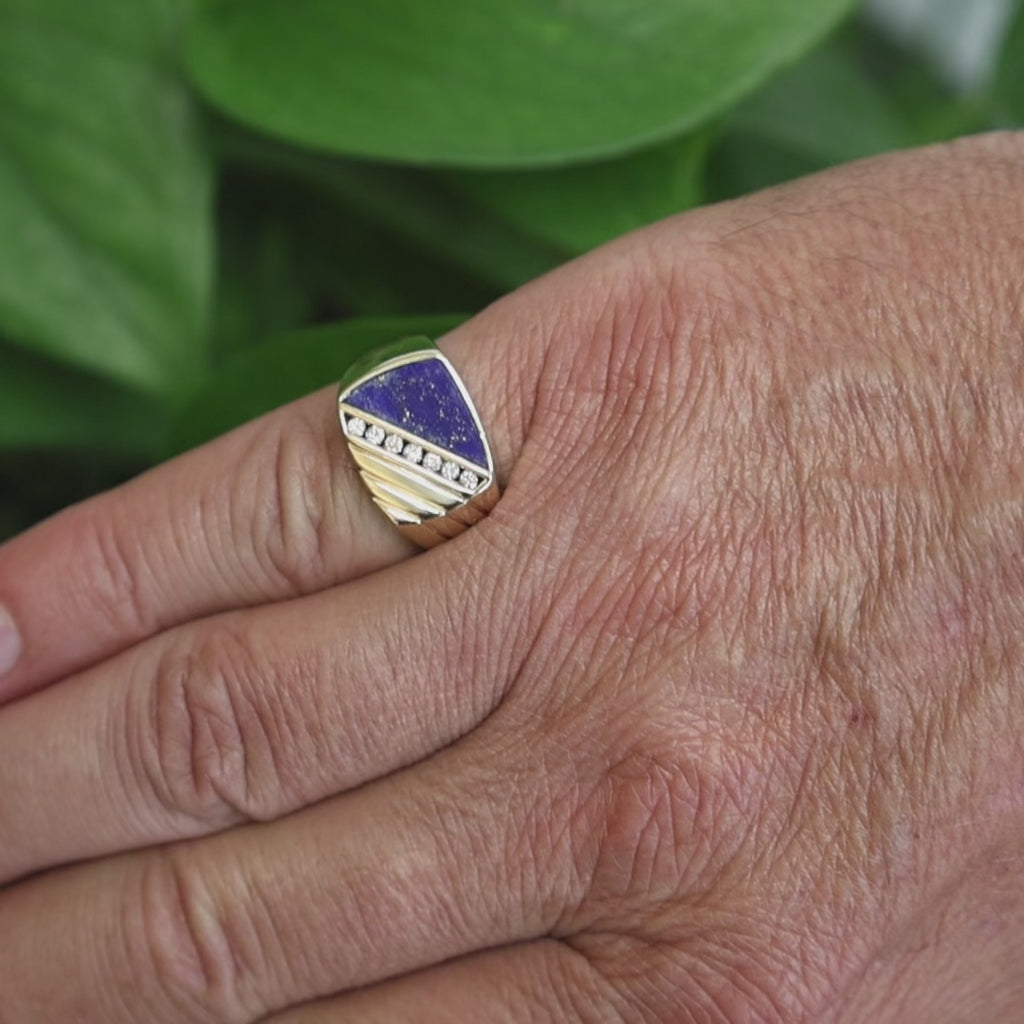 14K Yellow Gold Lapis Lazuli Diamond Signet Ring Men Geometric Size 8.75