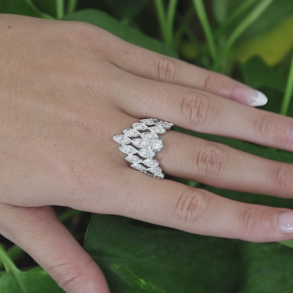 Vintage White Gold Diamond Cocktail Ring Multi Row Marquise Cluster 1.00CTW 10.5